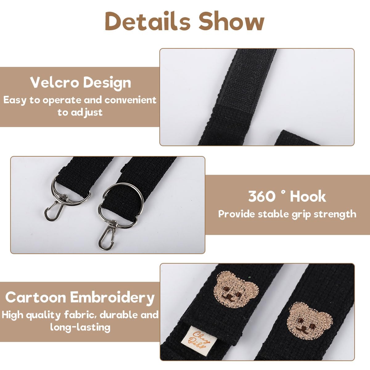 SNOWIE SOFT stroller hooks for hanging bags featuring metal carabiner and cotton straps | adjustable bear design 2 pack