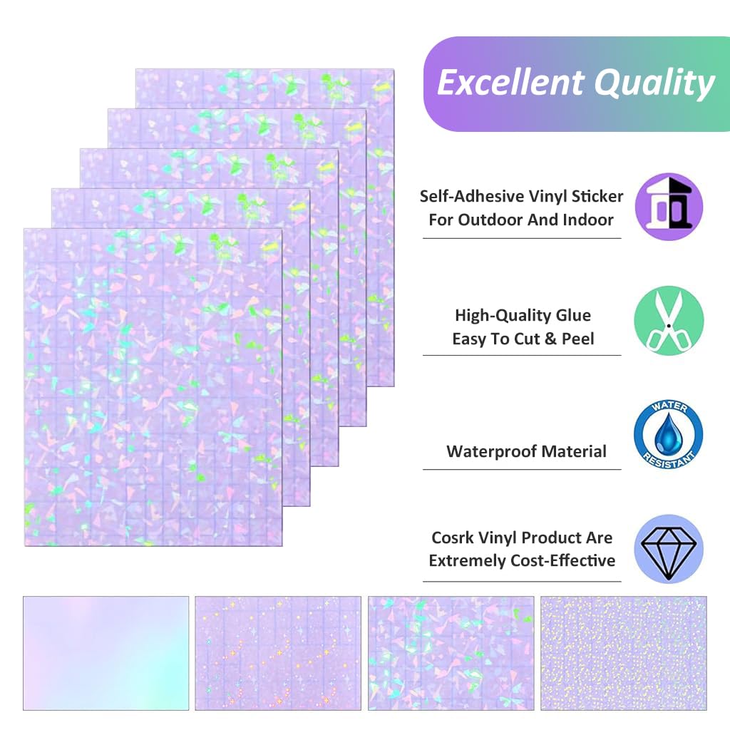 HASTHIP Vinyl Holographic Sticker for DIY Crafts with Self Adhesive Backing 20 Sheets 8.5x11 inch | 4 Styles Gem Dot Colorful Star Pattern