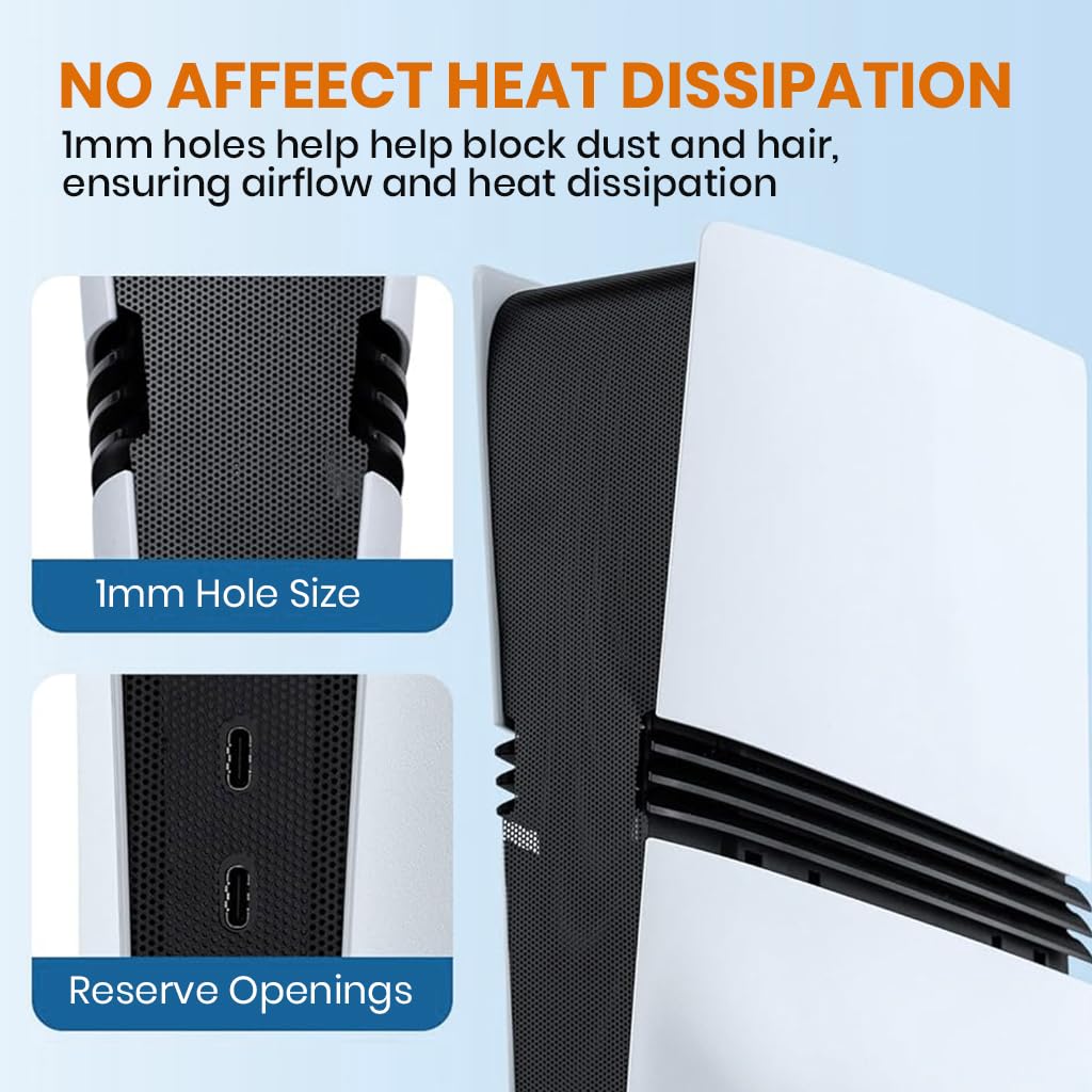 ZORBES PS5 Pro Dust Cover and Plug Set for Disc and Digital Consoles featuring 8Pcs Snap-On Mesh Panels & Silicone Plugs
