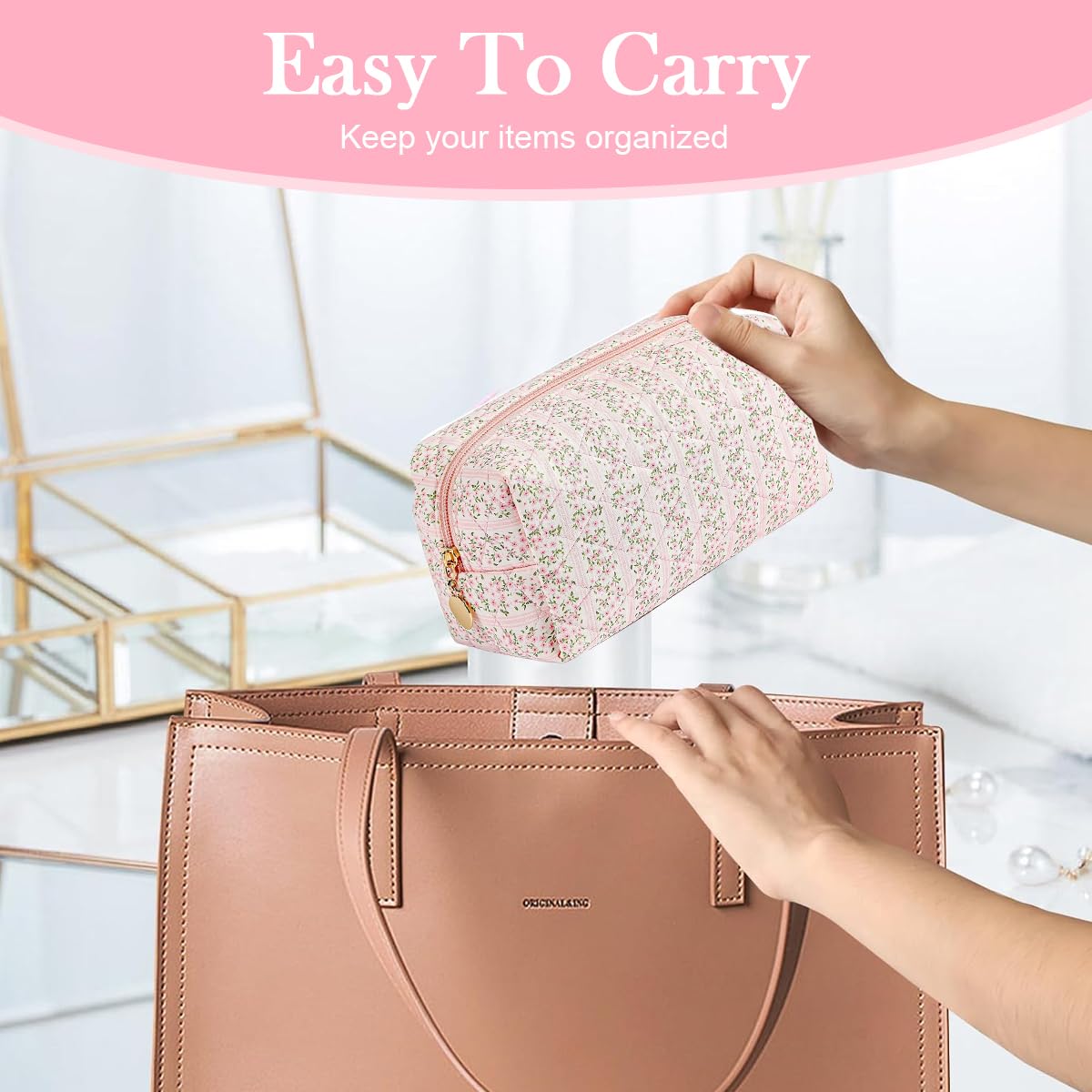 MAYCREATE Makeup Organizer Bag for Travel with Soft Cloth Zipper Design | 20.5x9x9.5cm Pink Set