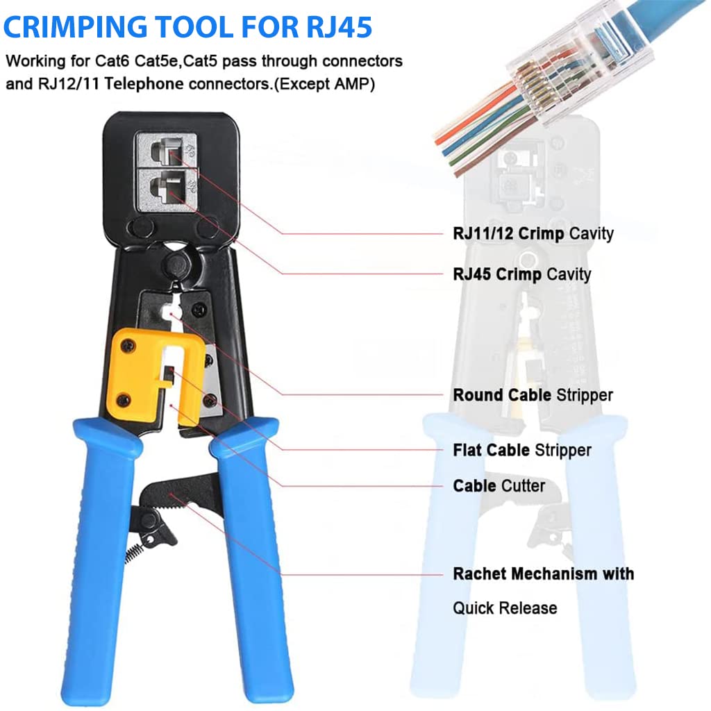 Serplex RJ45 Crimping Tool Kit for Cat6 Cat5e Network Setup with 50 Connectors and Tester