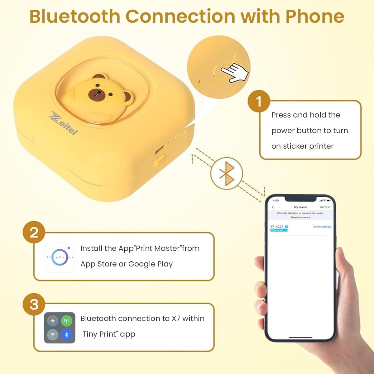 ZEITEL Portable Thermal Mini Printer for Notes and DIY Scrapbook with 13 Rolls Paper | Inkless Bluetooth Printing for Students and Kids