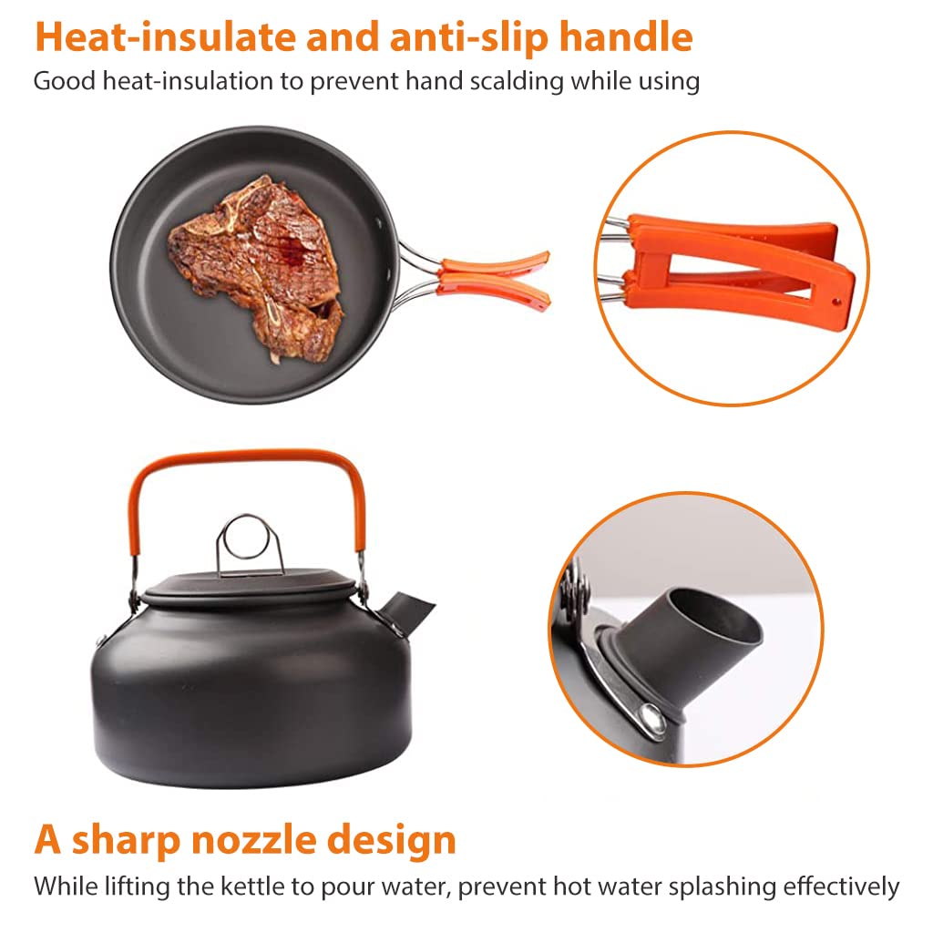 Proberos Camping Cookware Set for 2–3 People with 2L Pot and Foldable Handles | Non-Stick Hard Anodized Aluminum