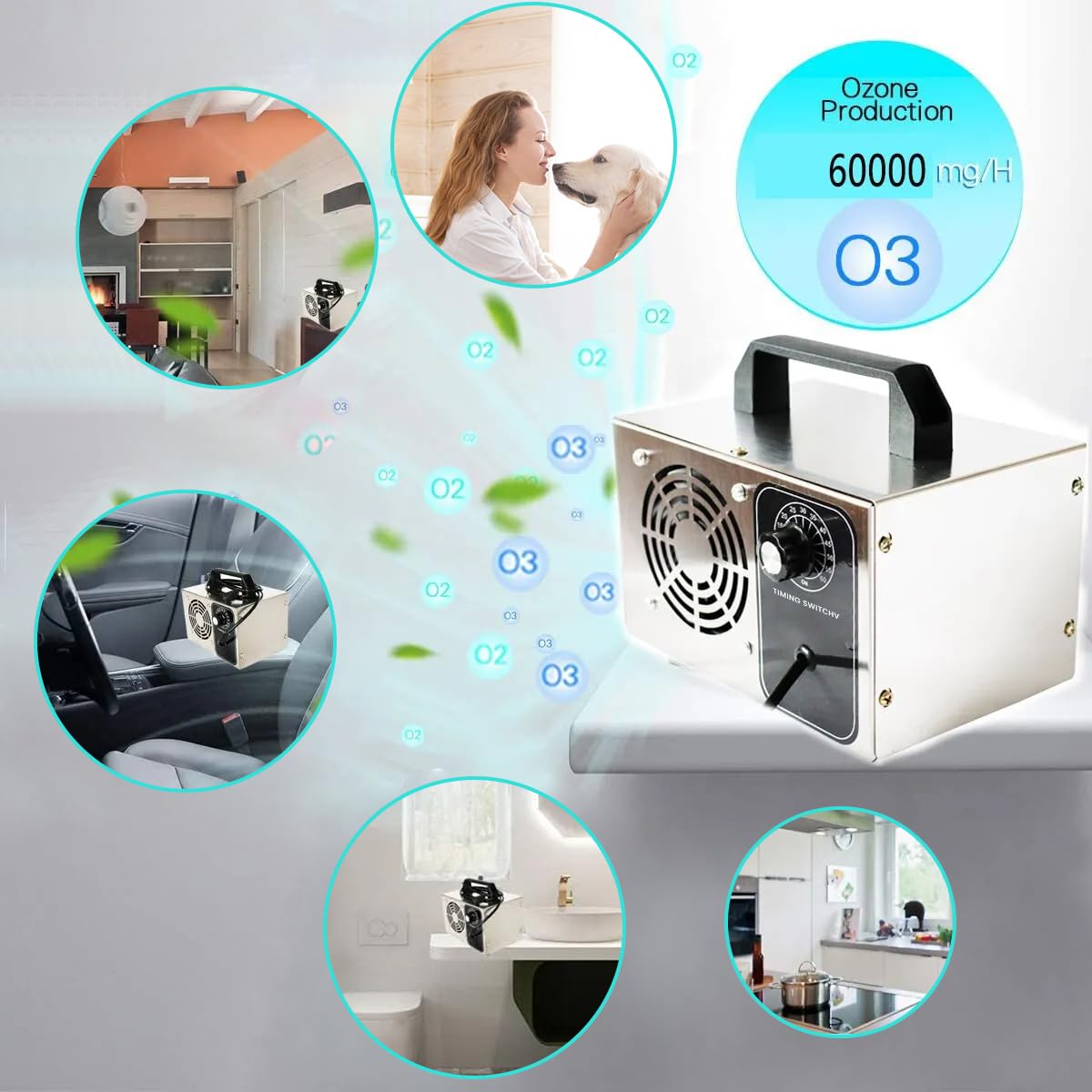 HANNEA Ozone Generator for Home and Office with 60,000mg/h Output & Timing Knob | Odor Removal Up to 4000 ft²