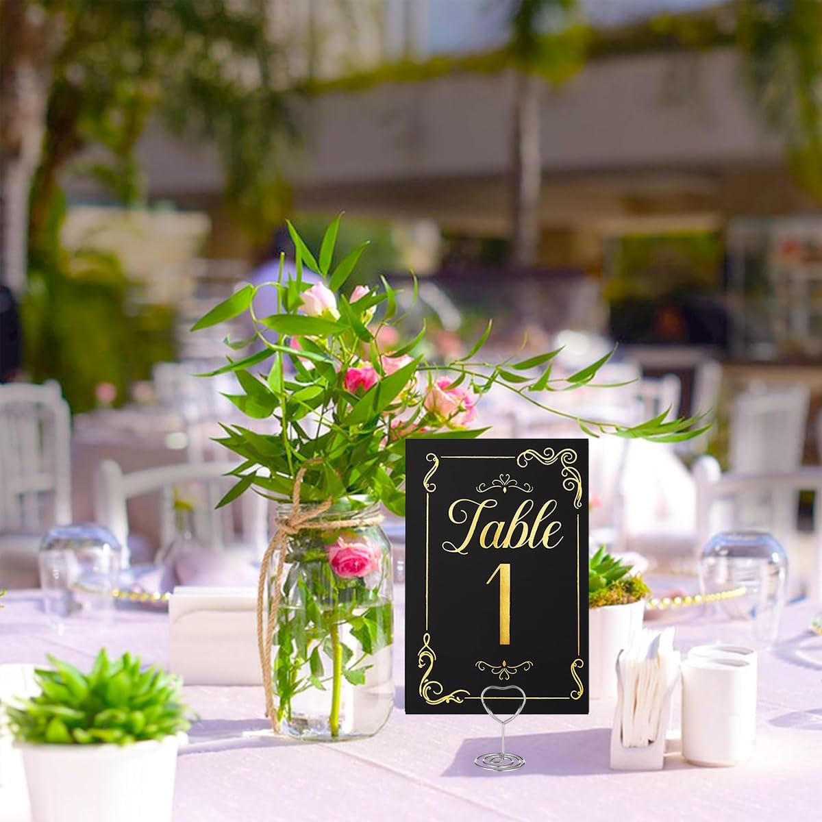 HASTHIP Table Number Cards for Weddings with 16 Metal Wire Holders and Black Gold Cards | Elegant Heart-Shaped Design