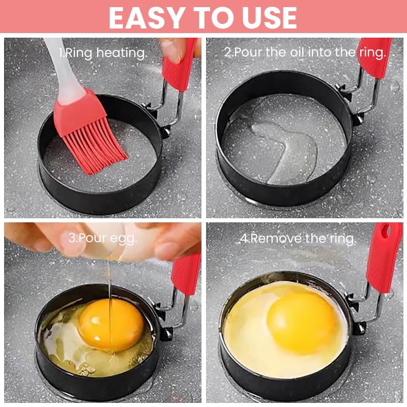 Supvox Egg Rings for Breakfast Cooking with Rubberized Handle and Silicone Brush | 3.5 in 403 Stainless Steel Non Stick Set