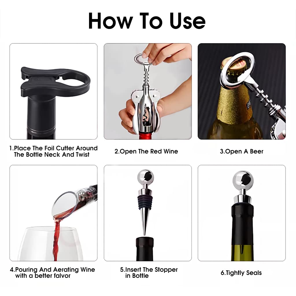 HASTHIP® 4 PCS Wine Opener Stainless Steel Corkscrew Set with Vacuum Wine Stopper, Wine Foil Cutter, Wine Aaerator Pourer Wine Corkscrew Supplies Set for Kitchen Restaurant Bars Gifts for Wine Lover