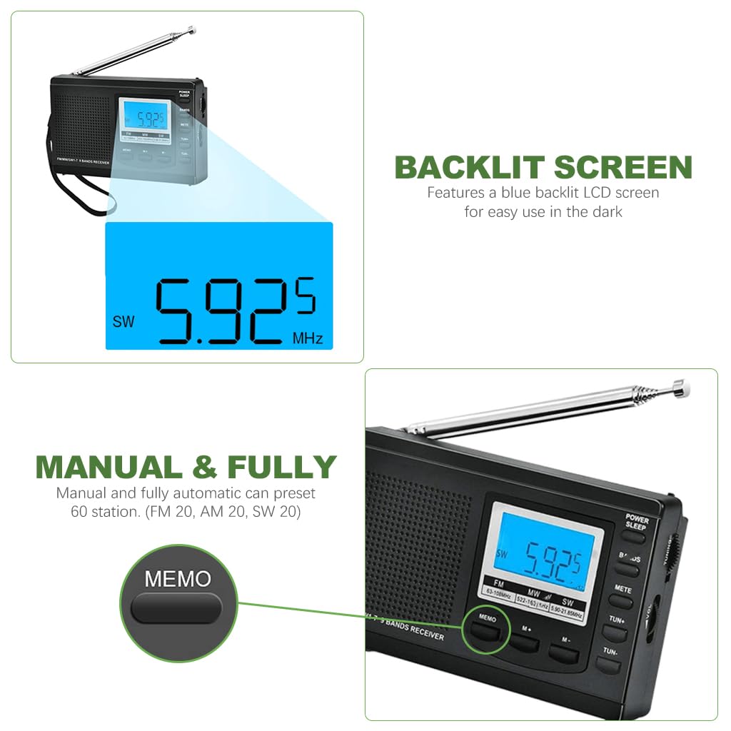 ZORBES Portable Radio for Camping and Travel with LCD Display and 5 Section Antenna | FM MW SW Battery Operated 2xAA