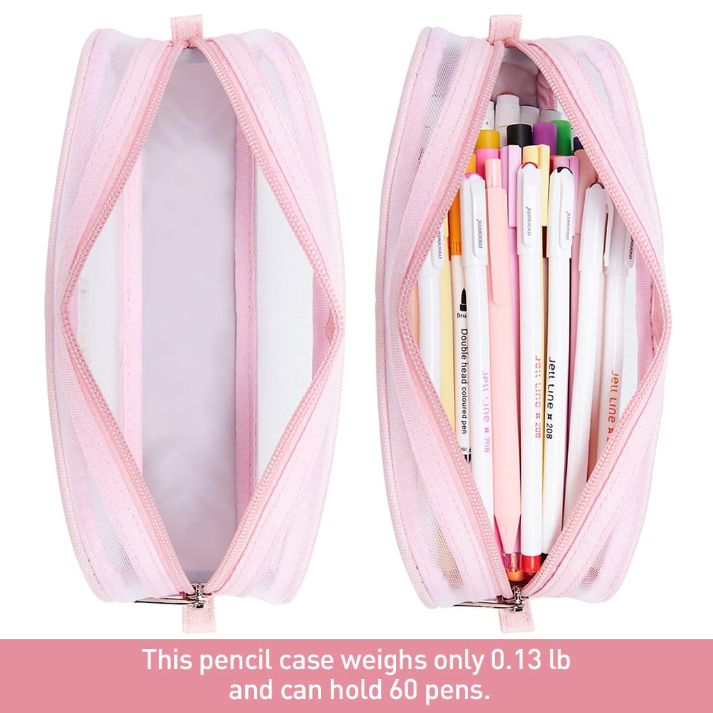 Climberty Grid Mesh Pencil Case for School and Office featuring Easy Access Zipper | 22.5x7.5x9.5 cm Pink Transparent Nylon