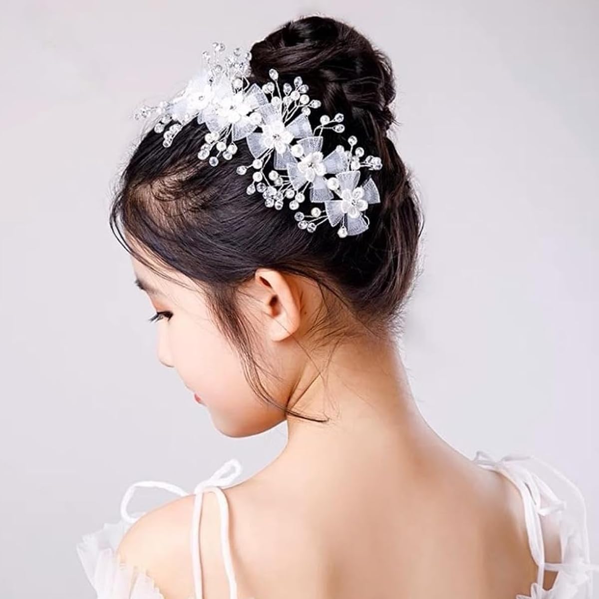 SANNIDHI Flower Tiara for Girls featuring White Lace Bow and Mesh Design | Elegant Hairband