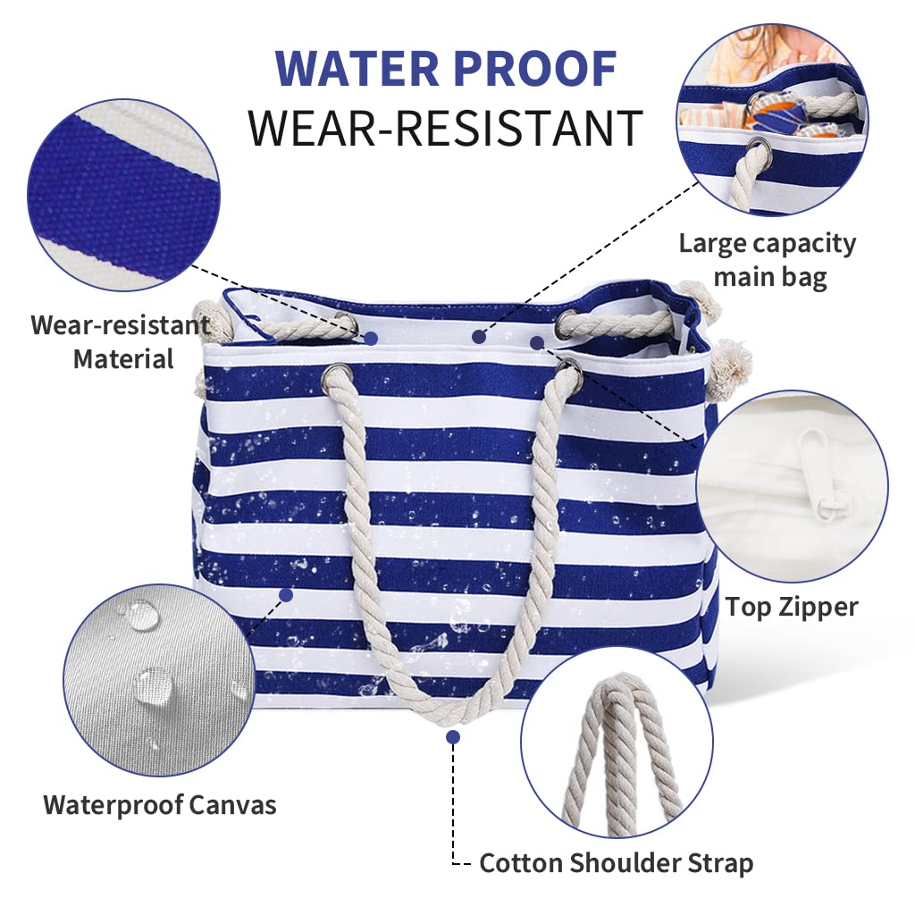 PALAY Hand Bag for Women for Travel and Daily Use featuring Braid Rope Handles and Zipper Closure | 23.6 x 15 x 7.5 in Blue Stripy Cotton Polyester Tote