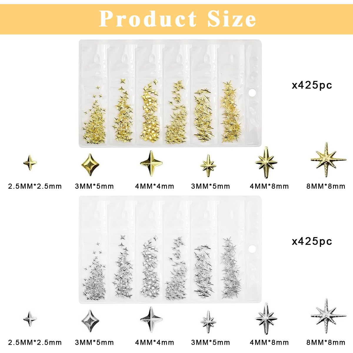 MAYCREATE Star Nail Charms Set for Acrylic Nails featuring 850PCS 3D Gold Silver Metallic Studs
