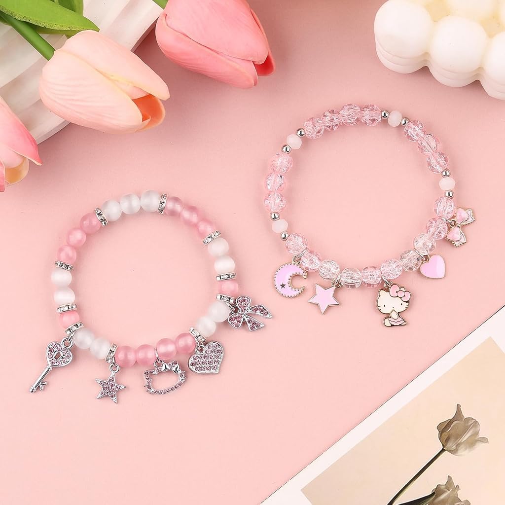 SANNIDHI Bracelets for Women featuring 2 Piece Kitty Beaded Resin Design in Pink and White | Cute BFF Gift for Girls