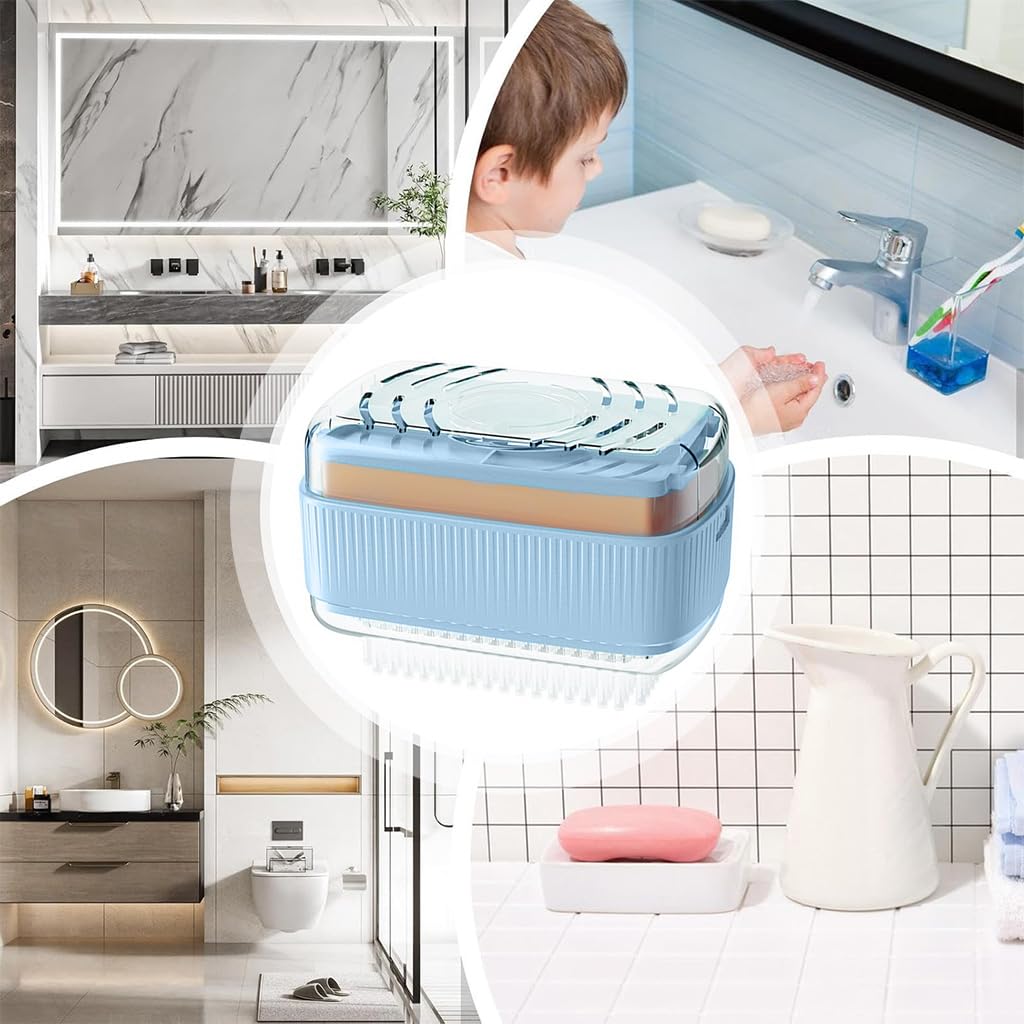 HASTHIP Soap Storage Box with Built In Foaming Roller and Brush for Easy Cleaning | Soap Saver Drainage Case with Lid