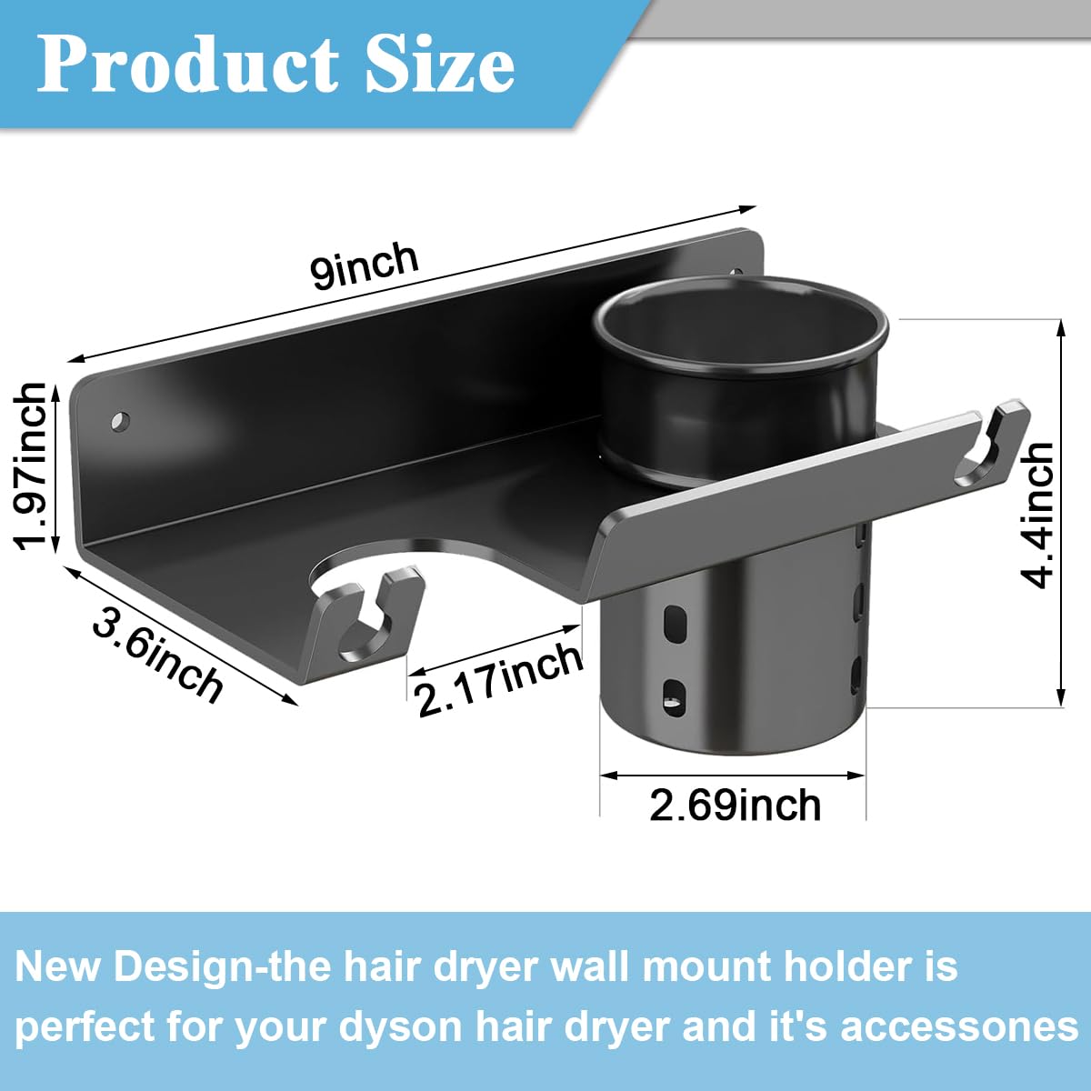 HASTHIP Bathroom Organizer for Hair Dryer with Dual Compartment Storage and Cable Management | Black ABS Wall Mount