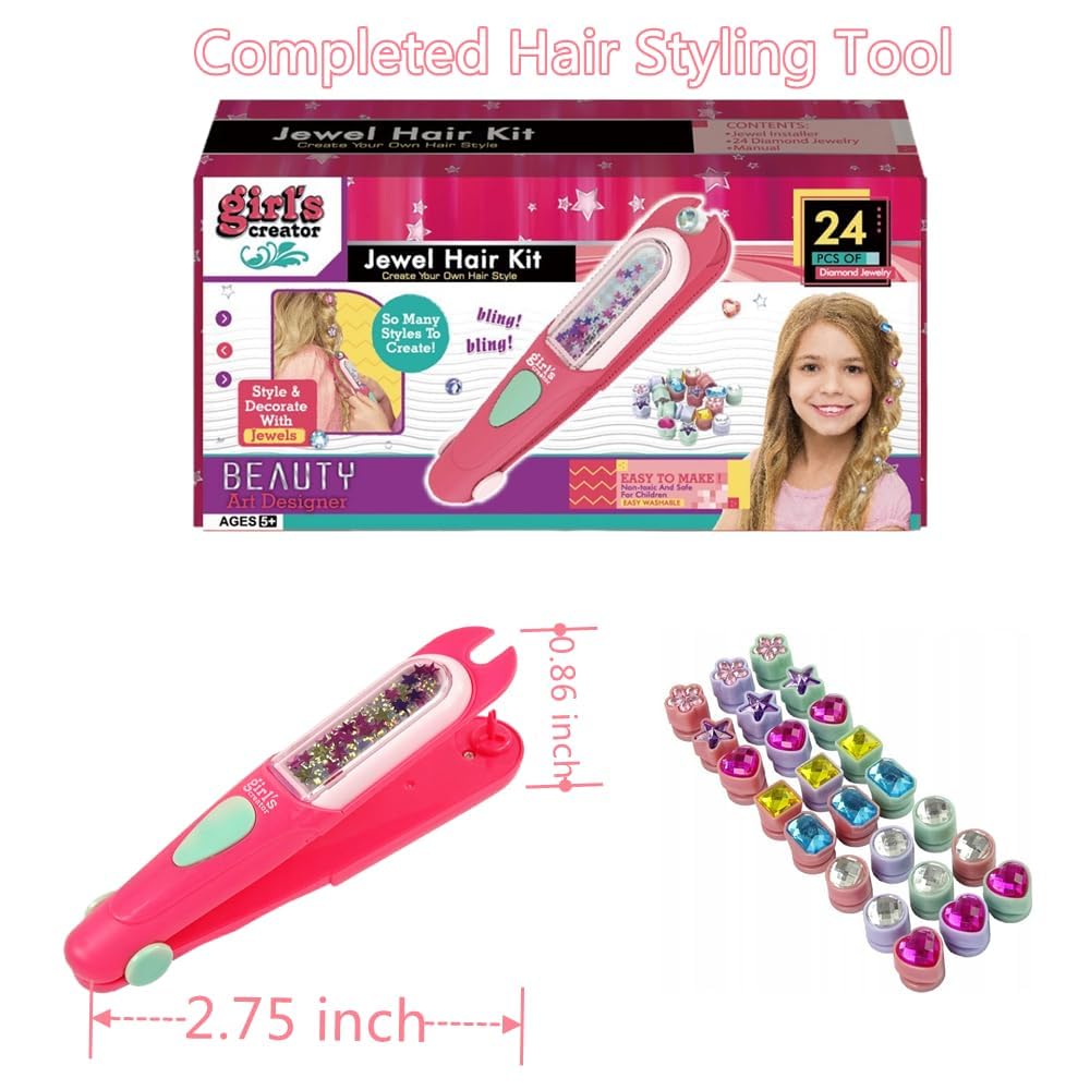 PATPAT Hair Gem Stapler with Kit 24pcs Reuseable Gem Patch Girl Quick Hair Gems for Teens Girl Hair Dressing Braid Gem Stamper Hair Stylish for Birthday Party Hair Styling Tool Girls Gifts