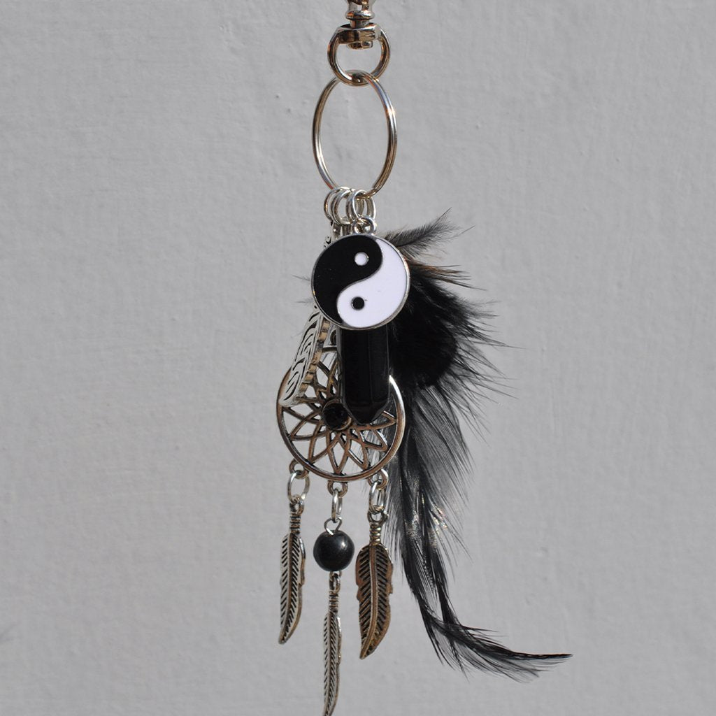 HASTHIP Dreamcatcher Keyring with Black Agate and Feather Charm in Black and Silver | Imported from Hong Kong