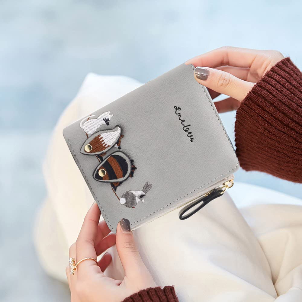 PALAY Wallet for Women 2pcs Set with Zipper Bi Fold Design and Fox Print PU Leather | Green and Grey Mini Purse 12 x 9.5 x 2 cm
