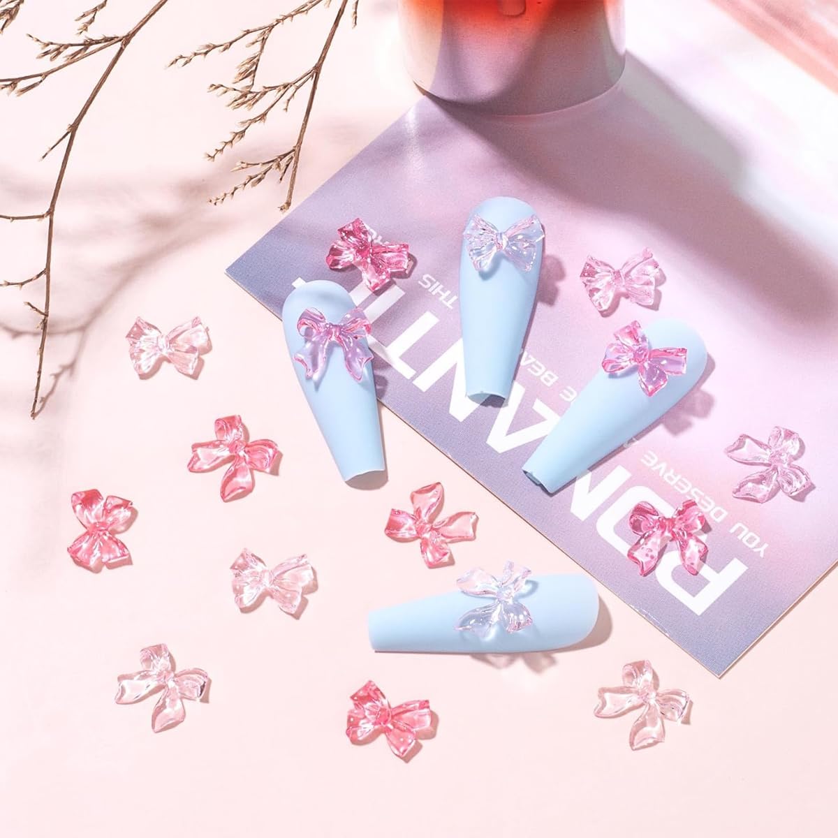 MAYCREATE Nail Decals for DIY Nail Art with 50pcs 3D Flat Back Resin Pink Bow Charms | Cute Decorative Design