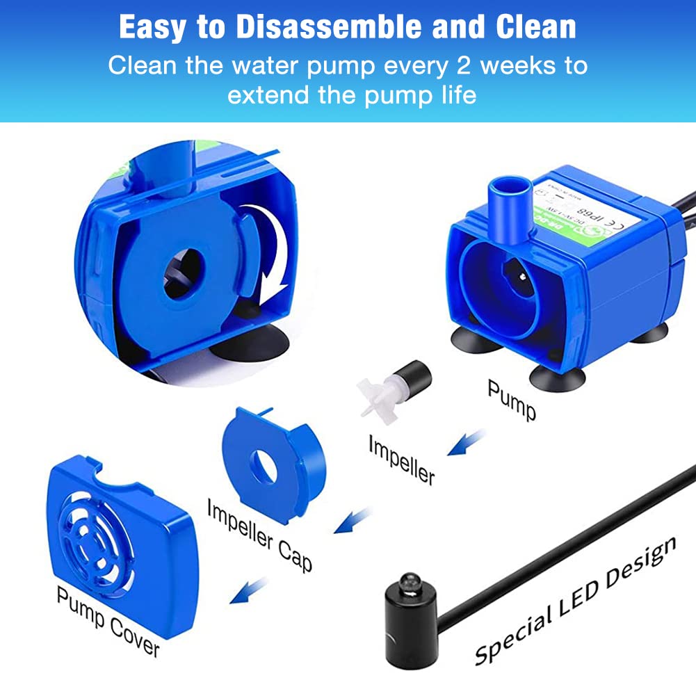 Qpets Pet Water Fountain Pump for Cats and Dogs with LED Indicator featuring 160 L/h Flow | Silent USB 5V Replacement