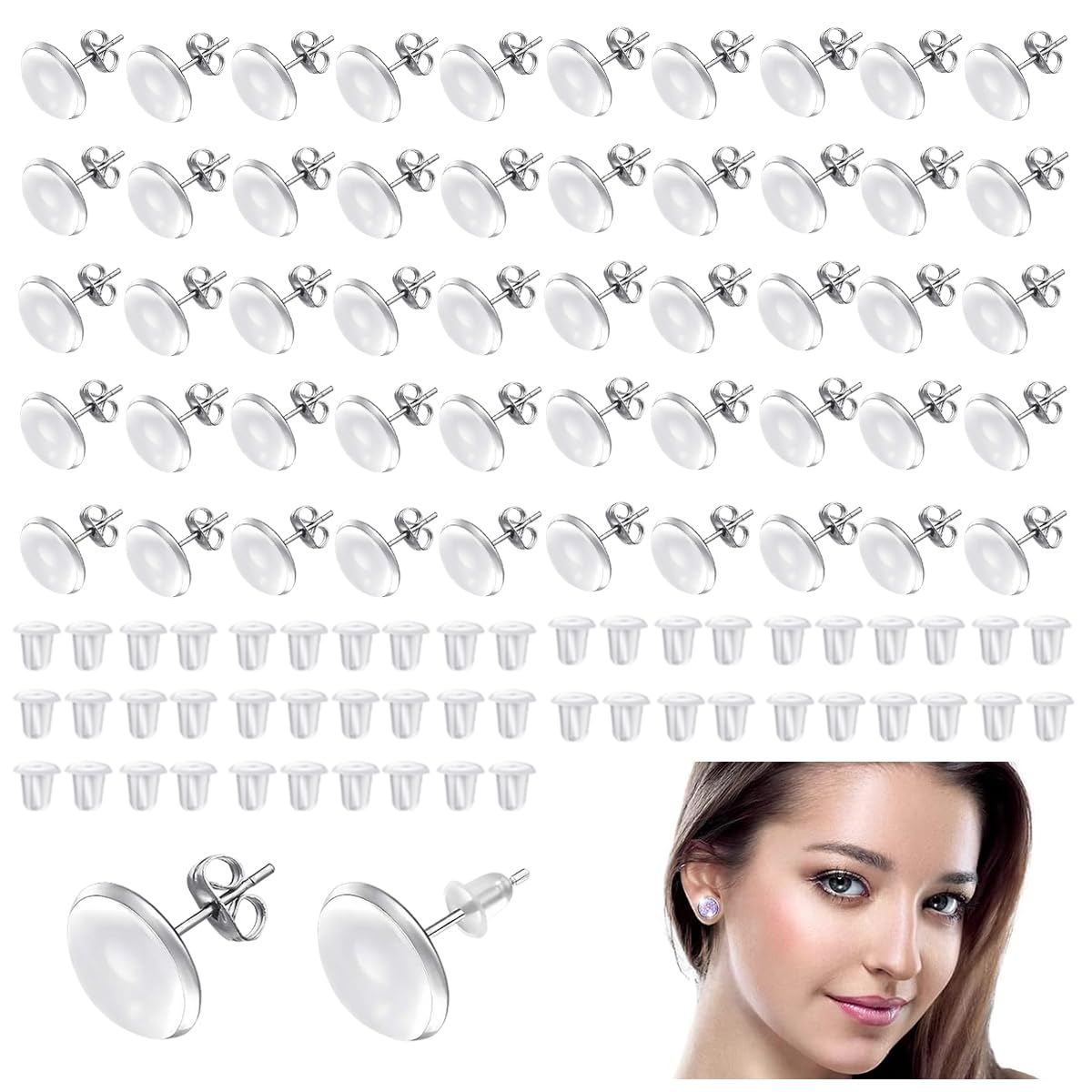 MAYCREATE® 200 Pieces Studs Earrings for Women Studs Earrings with Silicone Earrings Back Stopper Stainless Steel Round Ear Stud Bases Transparent Studs Earrings for DIY Jewellery Making