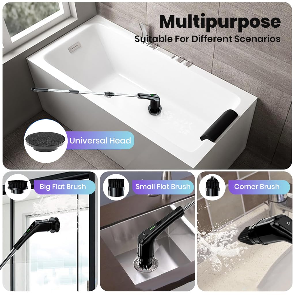 Supvox Electric Spin Scrubber for Bathroom and Floor Cleaning with 137cm Handle featuring 7 Brush Heads | IPX7 Waterproof Rechargeable Design