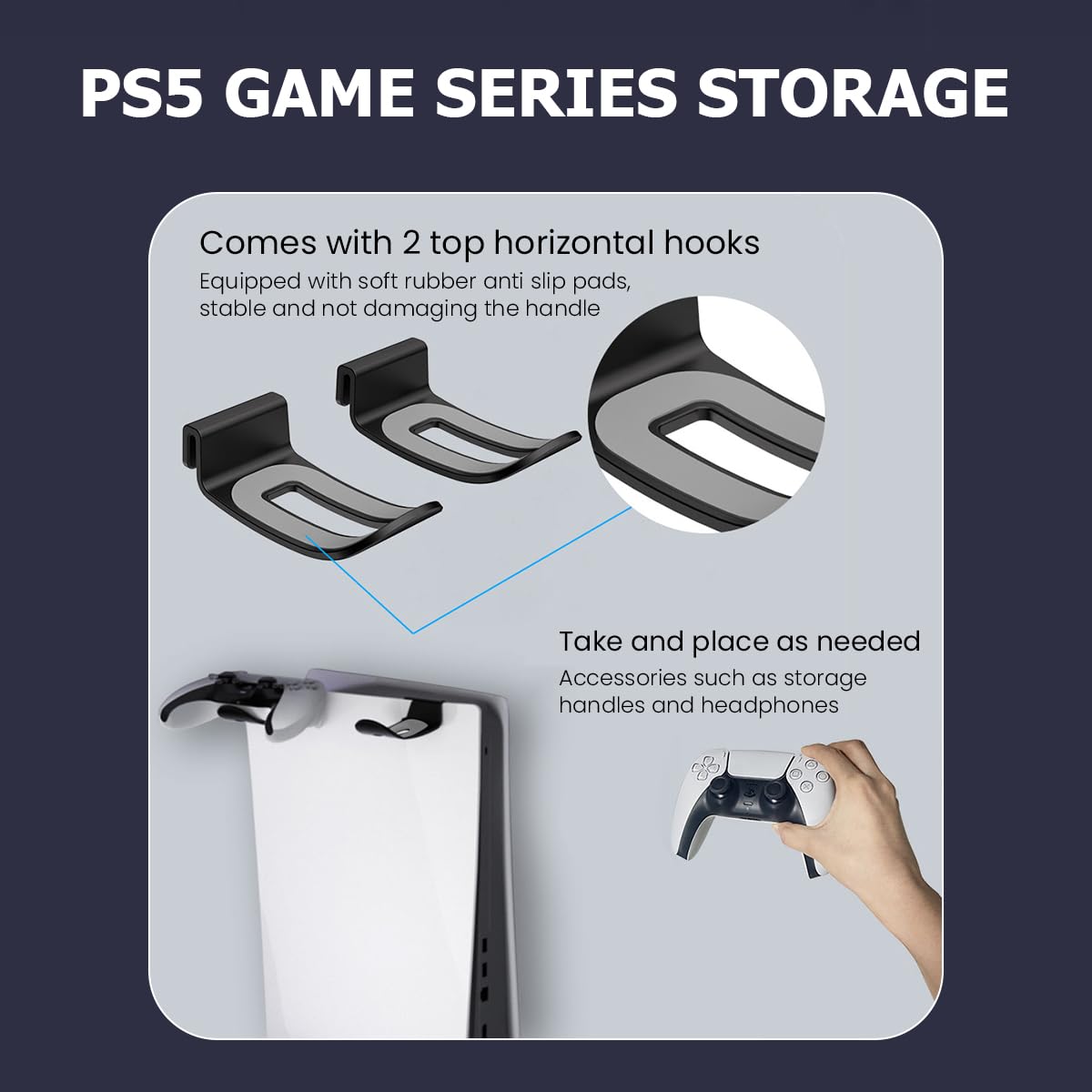 Wall Mounted Storage Bracket for PS5 Console with Screw Set and Metal Hooks | Space Saving Organizer for Controller and Headset