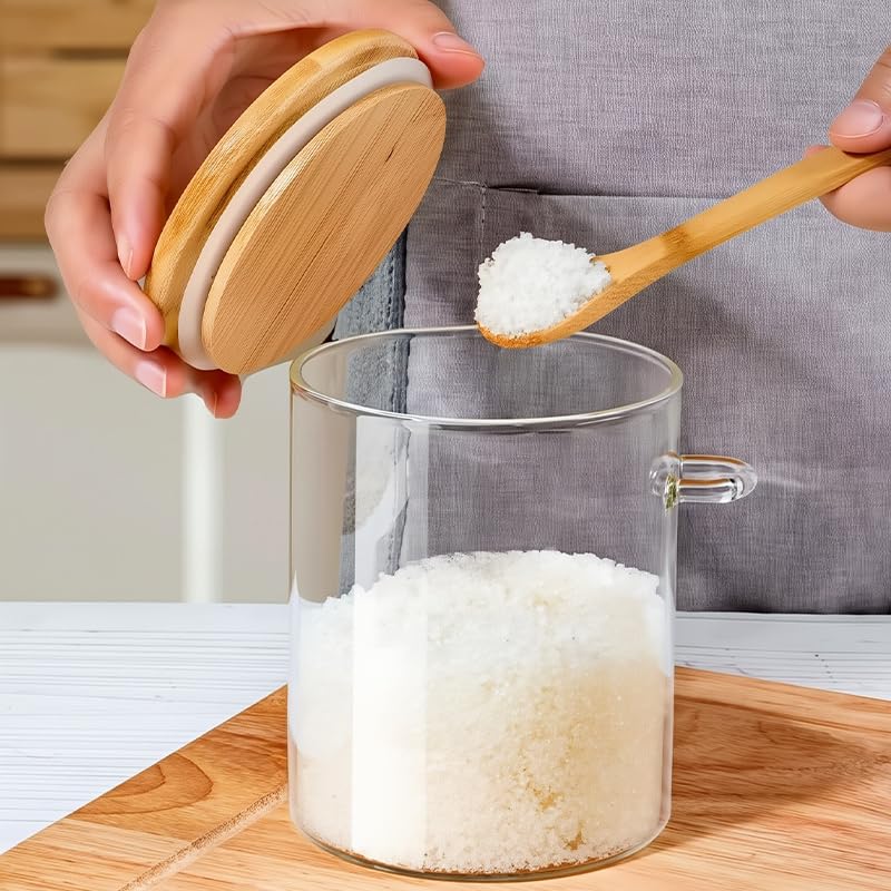 Supvox Glass Spice Jars for Kitchen Storage with Airtight Wooden Lids & Spoons 450ml Pack of 3