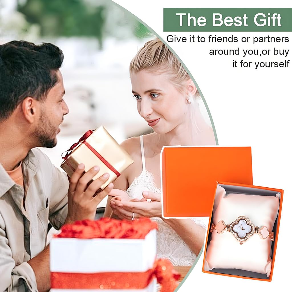 Fancyku Wrist Watch for Women with Adjustable Sliding Buckle and Four Leaf Clover Charm | Rose Gold Rhinestone Bracelet Gift