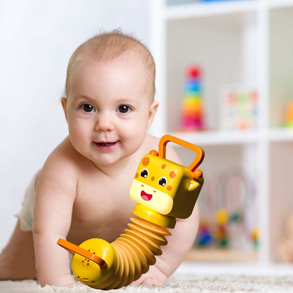 PATPAT Hanging Toys for Babies with Night Light and Musical Accordion Giraffe | BPA Free Sensory Toy
