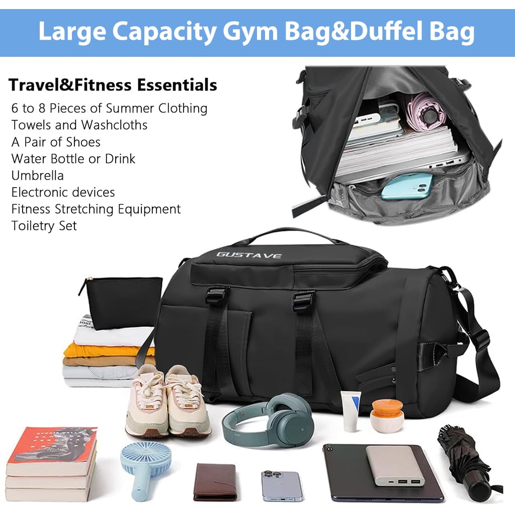 GUSTAVE Gym Duffle Bag for Travel and Fitness with Shoe Compartment and Waterproof Nylon | Minimalist Backpack for Men and Women