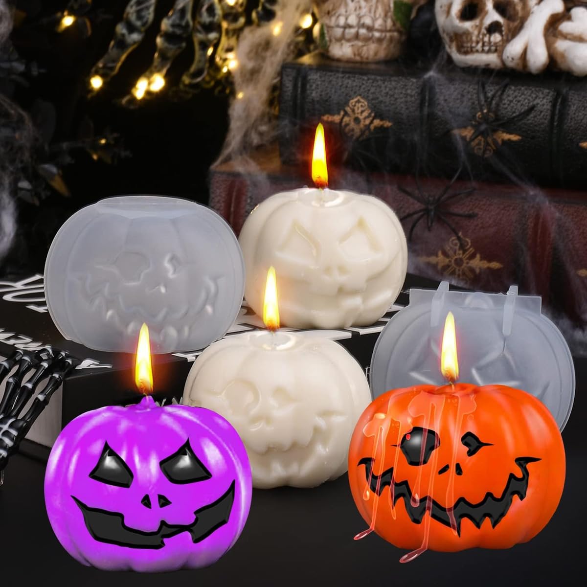 HASTHIP® 2Pcs Halloween Pumpkin Resin Silicone Molds Evil Pumpkin Candle Mold DIY Resin Art DIY Hollow Out Smile Evil Pumpkin Candle Molds DIY Halloween Resin Pumpkin Desk Decor Silicone Molds