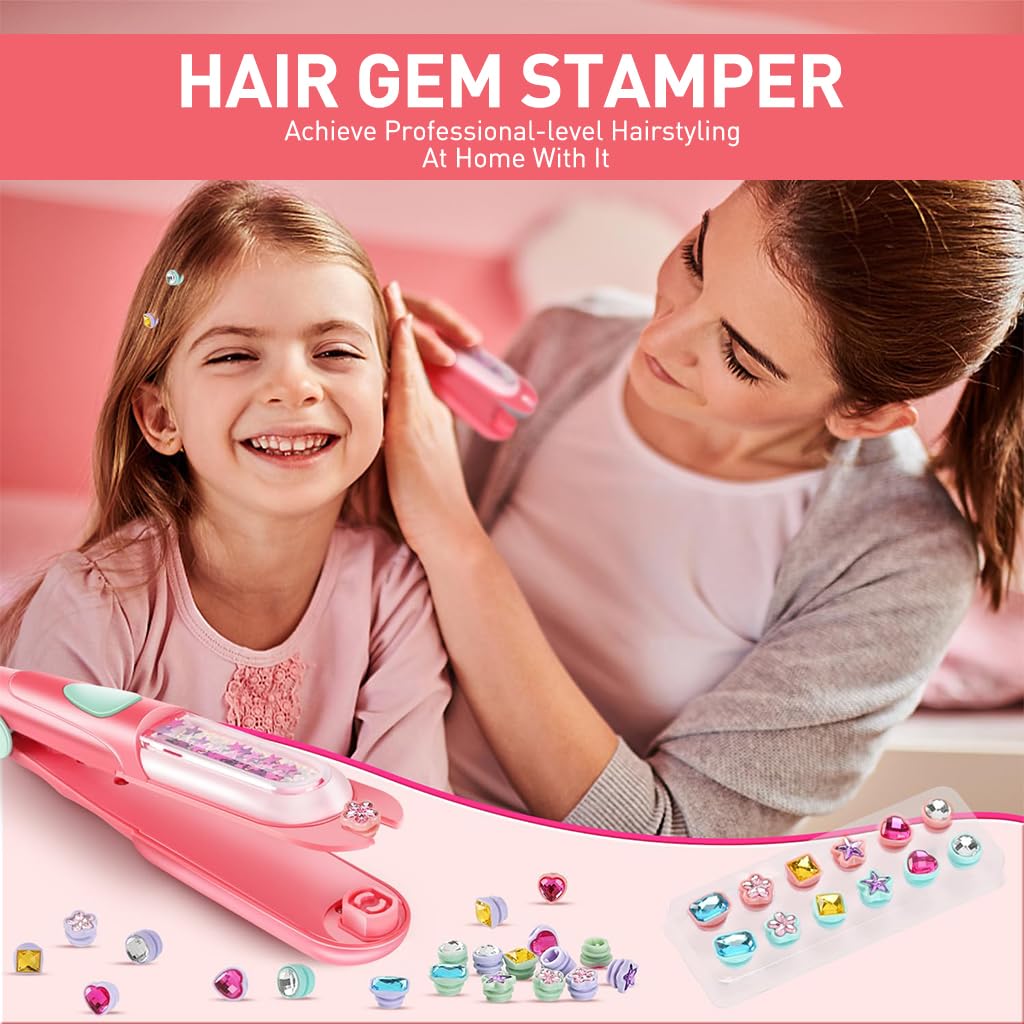 PATPAT Hair Gem Stapler with Kit 24pcs Reuseable Gem Patch Girl Quick Hair Gems for Teens Girl Hair Dressing Braid Gem Stamper Hair Stylish for Birthday Party Hair Styling Tool Girls Gifts