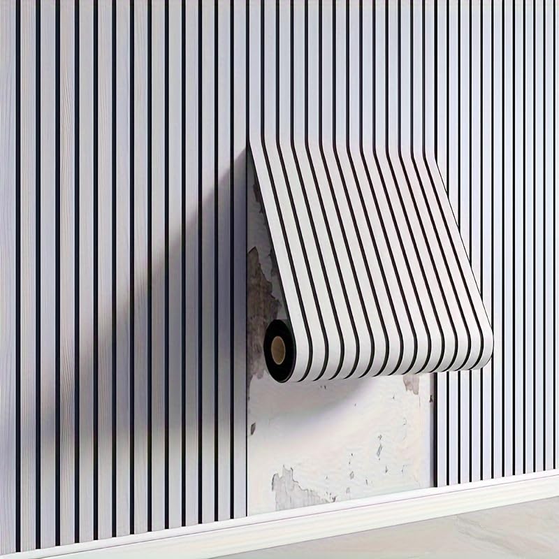 HASTHIP Wallpaper for Living Room and Bathroom with Self Adhesive 3D Slat Pattern 16x118 in Black and Grey PVC