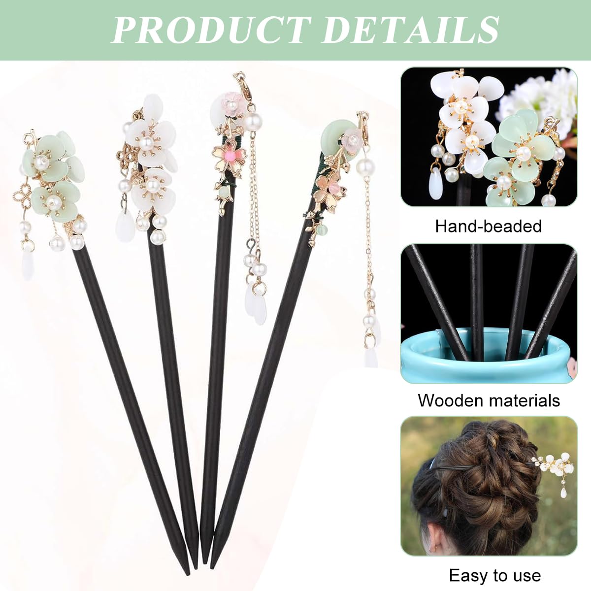 MAYCREATE Hair Stick for Bun with 7 in Wooden Design featuring Floral Charm | Set of 4