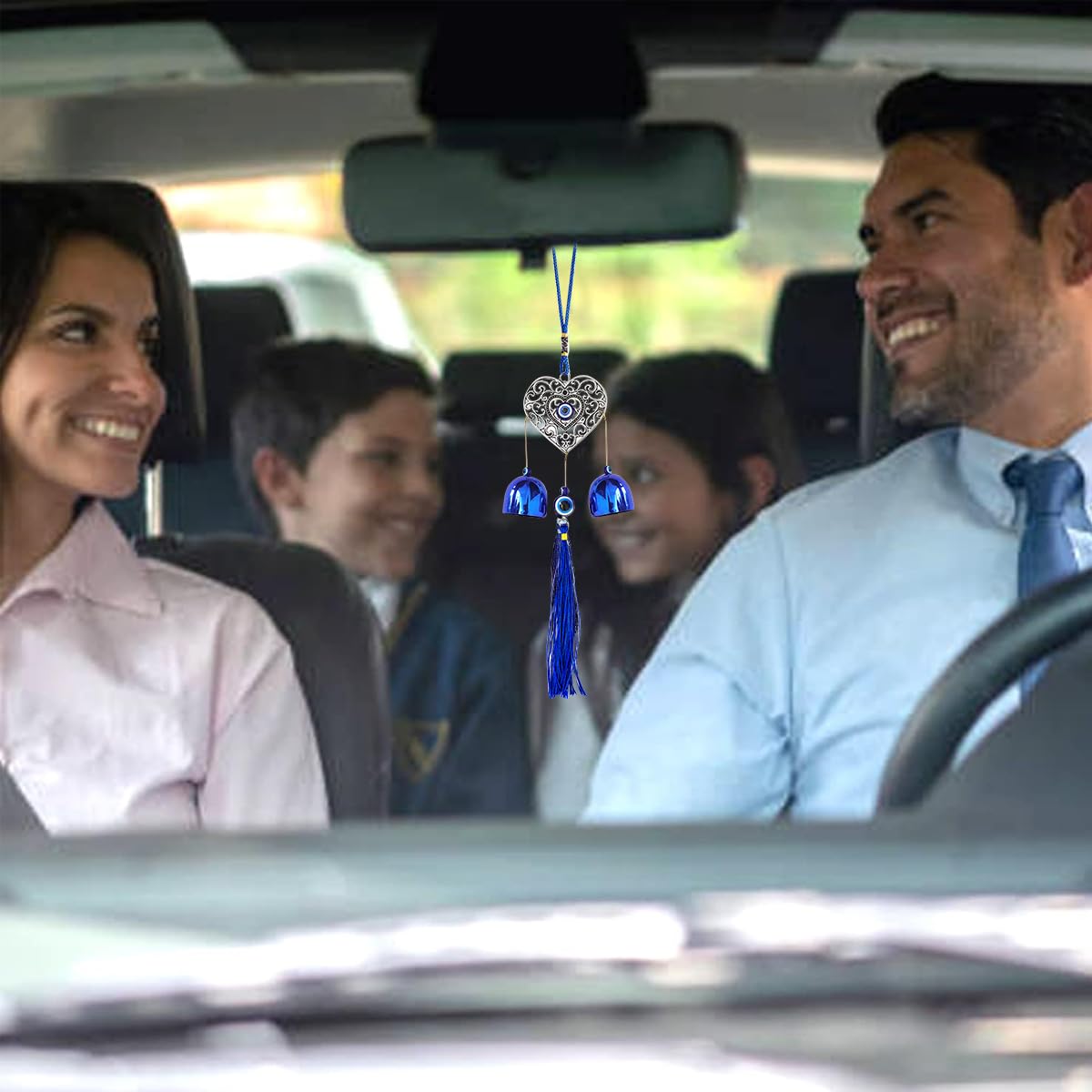 HASTHIP Door Hanging Bell for Home Decor featuring Dual Bells and Hollow Heart Evil Eye Charm