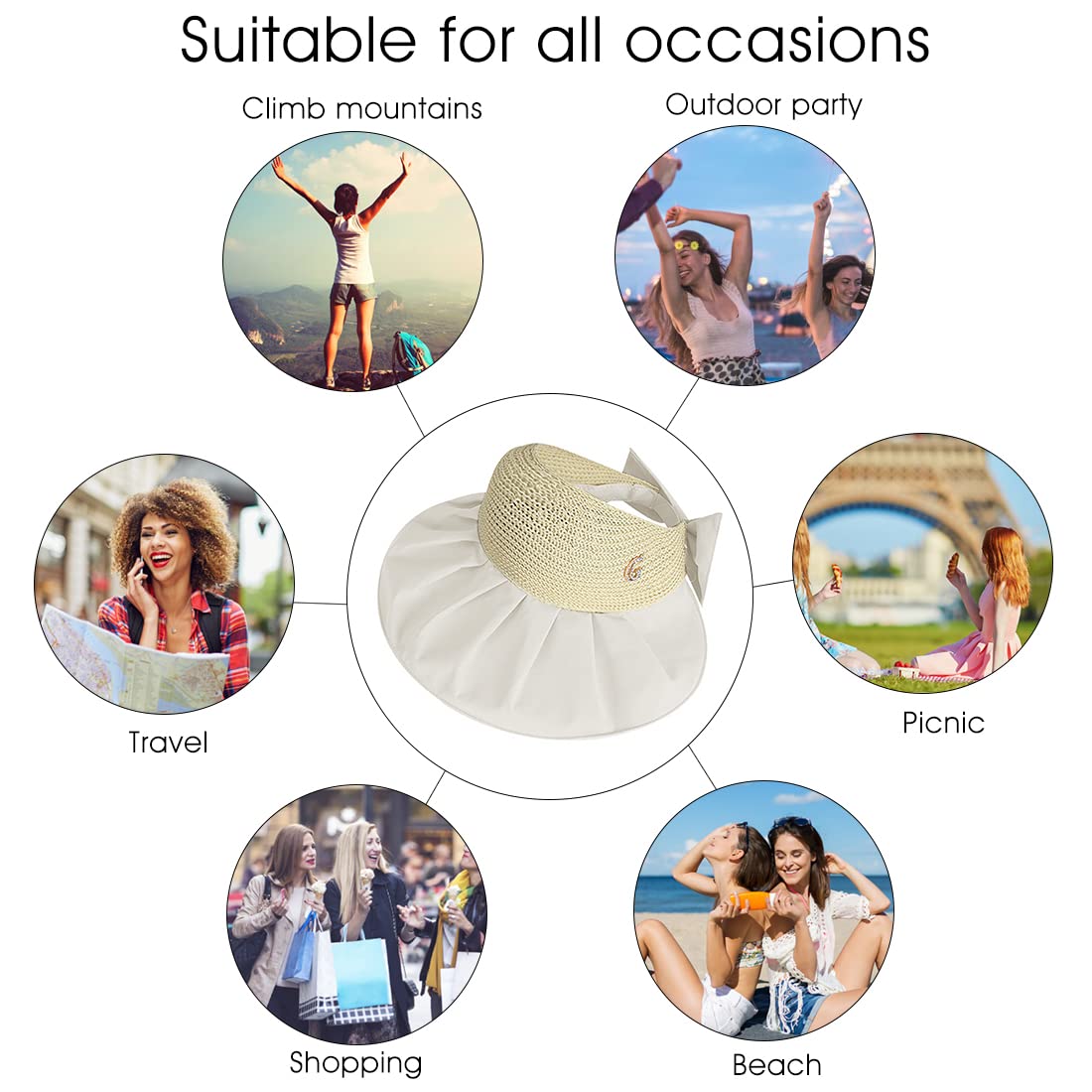 Zibuyu Foldable Wide Brim Sun Visor Hat for Summer with 5.5 in UV Shade Beige for Women