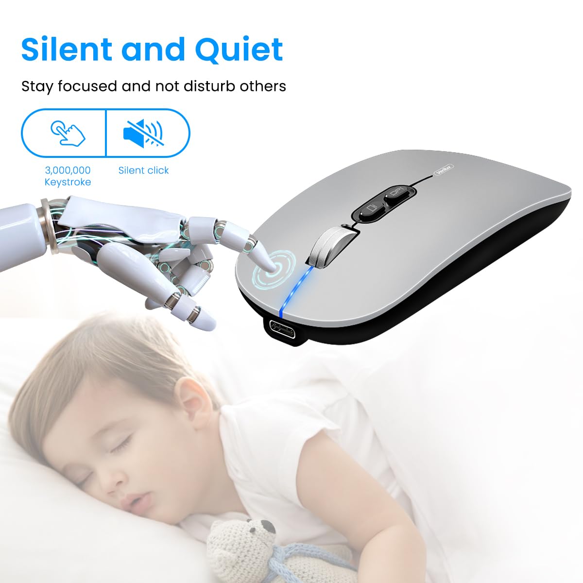 Verilux Wireless Mouse for Laptop featuring Dual Mode 2.4G and Bluetooth 5.1 | 1600DPI Ergonomic Silent Grey 2PCS