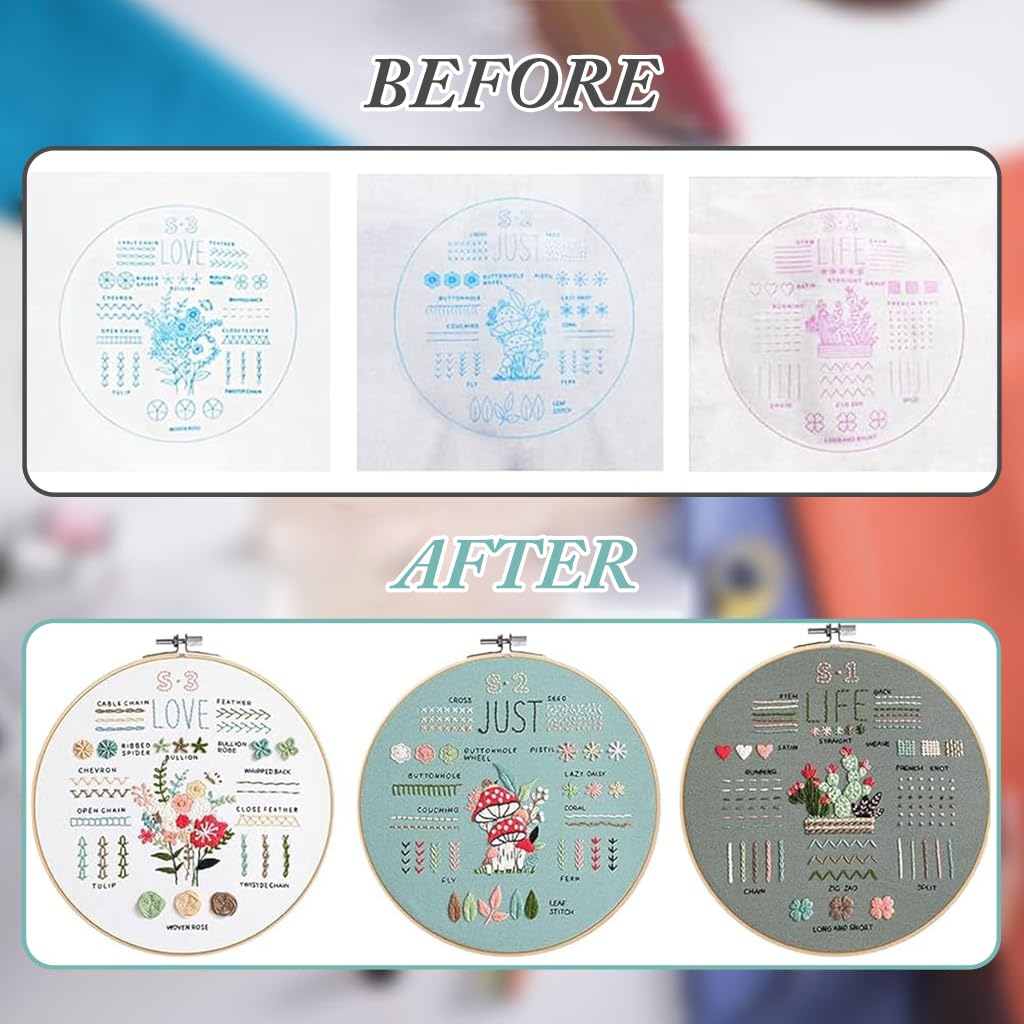 ZIBUYU Embroidery Kit for Beginners with 3 Sets Hoops and Colorful Threads for Adults | DIY Sewing Craft Set