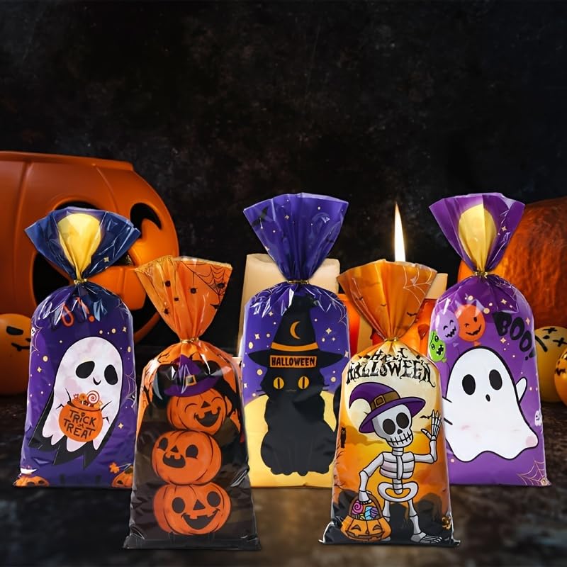 HASTHIP Halloween Goodie Bags for Party Treats 50 Pack 4.9x10.7 in with Golden Twist Ties