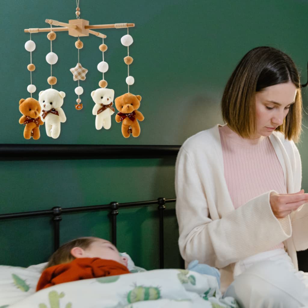 PATPAT Hanging Toys for Babies with Rotatable Bear Mobile and Wooden Frame | Soft Crib Toy