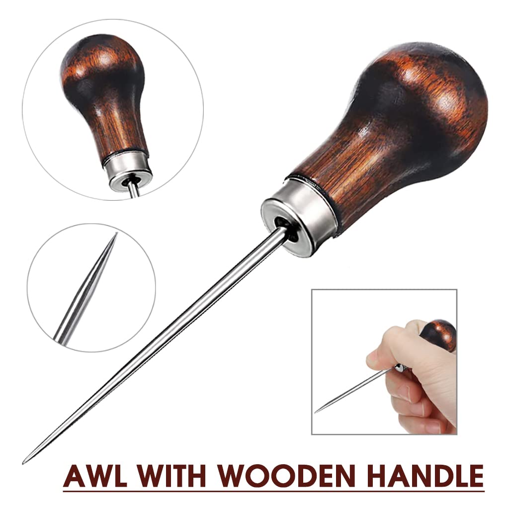 Supvox 4 Pcs Awl Tool, Needles Sewing Awl Hand Stitcher, Gourd Shape Leather Craft Cloth Wooden Handle Scratch Awl Tool, Pin Punching for Canvas Leather Pouch Hole DIY Shoes Repair