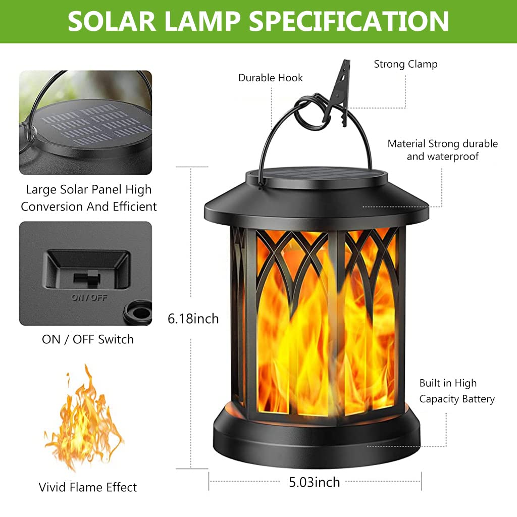 ELEPHANTBOAT® 2Pcs Solar Lantern Light, Solar Light Outdoor, Solar Garden Lights, Solar Metal Lantern Realistic Flickering Flame Lamp Camping Light with Handle & Clip Led Candle Lights