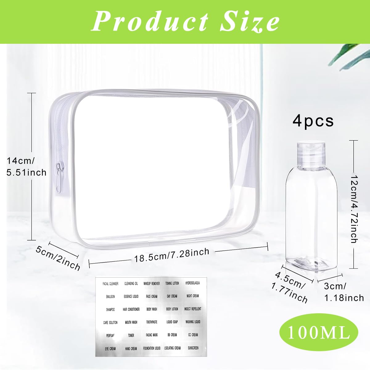 MAYCREATE® 4pcs Travel Bottles for Toiletries, 100ml Plastic Shampoo Bottle Travel Toiletry Bottles Kit, Transparent Flip Cap Refill Squeeze Bottles, Leakproof Travel Containers for Shampoo, Lotion