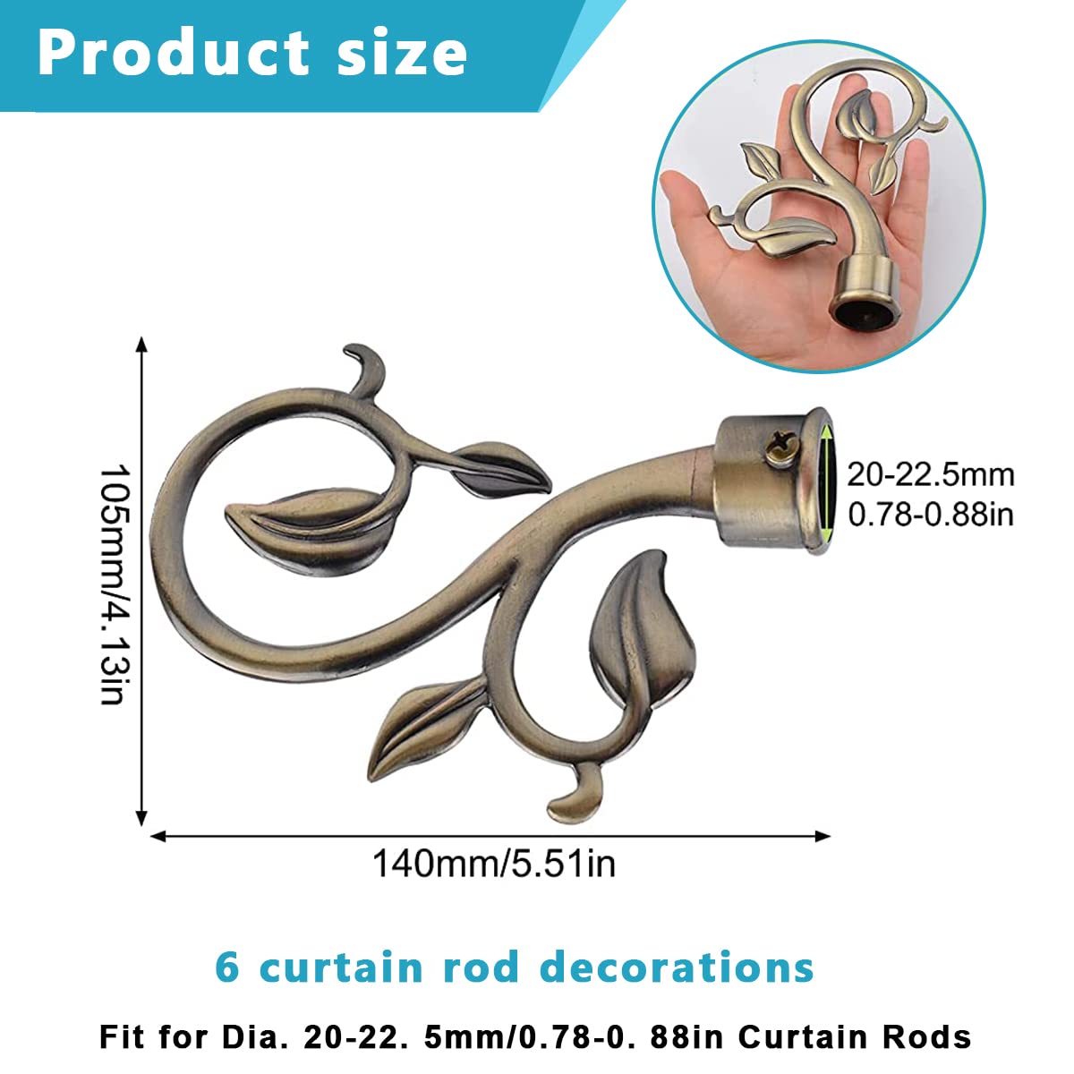 HASTHIP Curtain Rod Finials for 20–22.5mm Rods with Leaf Branch Design | 6pcs Brass and Iron Caps