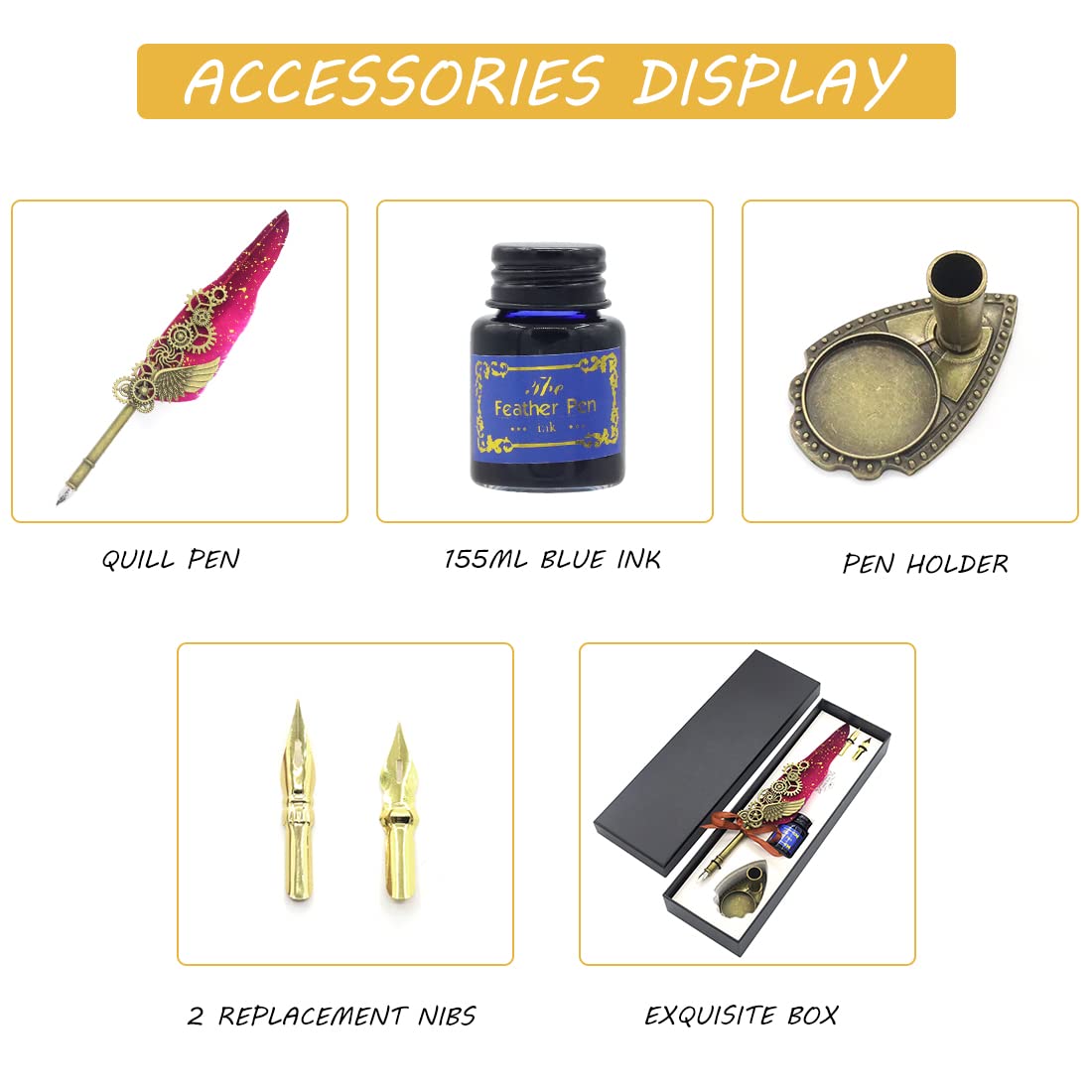 HASTHIP Feather Pen Set for Calligraphy with 2 Replacement Nibs and 20ml Blue Ink | Vintage Quill Gift