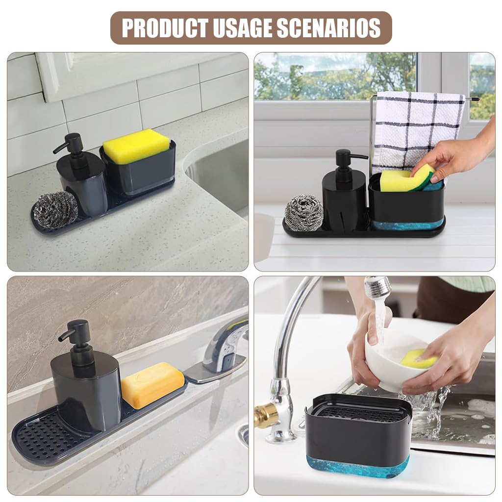 HASTHIP Metal Kitchen Soap Dispenser Set for Sink Organization with Sponge Rack Tray and Dishcloth Holder Black 3 PCS