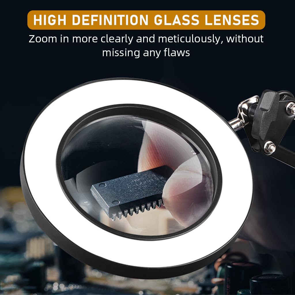 HASTHIP Desk LED Magnifier for Repairing and Reading with 10X Lens and Flexible Arm | USB 3‑Color Modes Clip Lamp