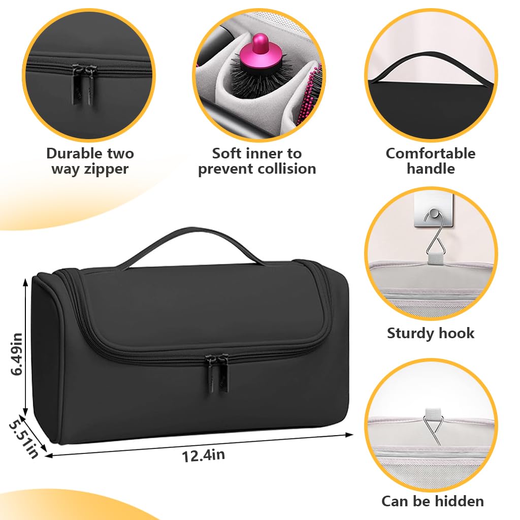 MAYCREATE® Travel Storage Bag for Dyson Air wrap Holder Hair Styler Organizer for Airwrap Attachments Portable Storage Bag with Hanging Hook, Black (Bag Only)