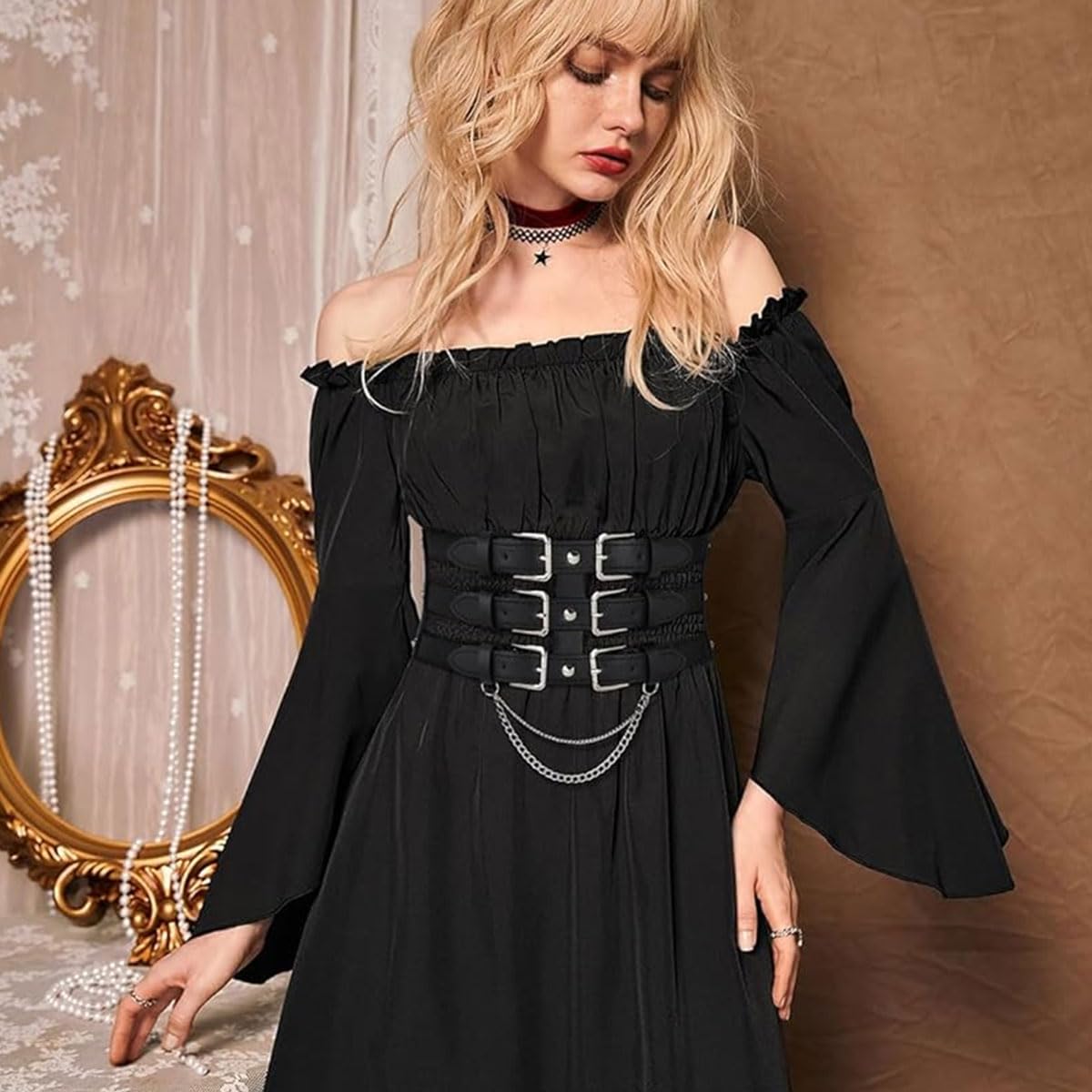 Venzina Wide Waist Belt for Women featuring Metal Chain Centerpiece 10cm Width | Elastic PU Leather Corset Style